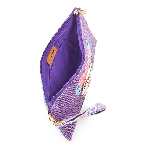 Verde Γυναικείο Τσαντάκι Χειρός 01-1597 Υφασμάτινο με Κέντημα Frida Kahlo Μώβ