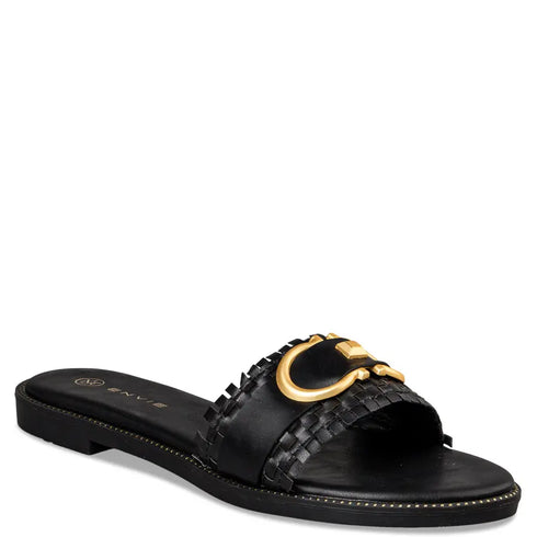 Envie Shoes Φλατ Σανδάλια με Χρυσή Διακοσμητική Αγκράφα Μαύρο