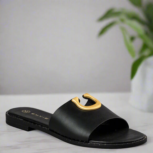 Envie Shoes Flat Σανδάλια με Διακοσμητικό Χρυσό Άνοιγμα στο Πάνω Μέρος Μαύρο