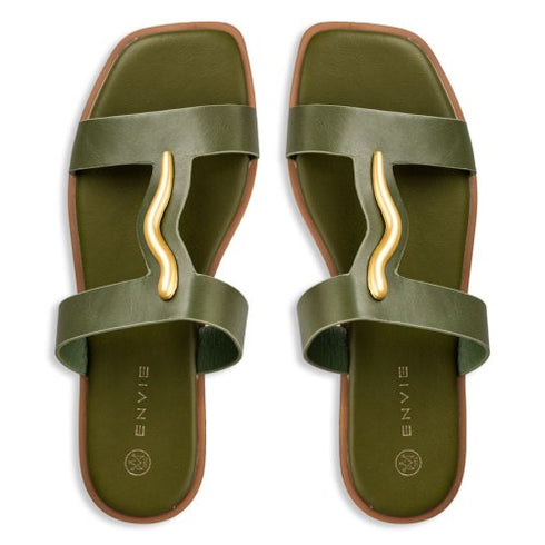 Envie Shoes Φλατ Σανδάλια με Χρυσό Διακοσμητικό Πράσινο