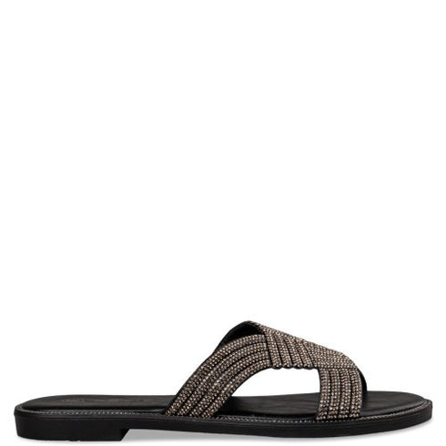 Envie Shoes Flat Σανδάλια με Διακοσμητικά Στρας Μαύρο