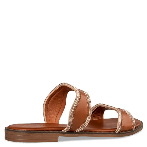 Envie Shoes Flat Σανδάλια με Δυο Φάσες Διακοσμημένες με Στρας Κάμελ