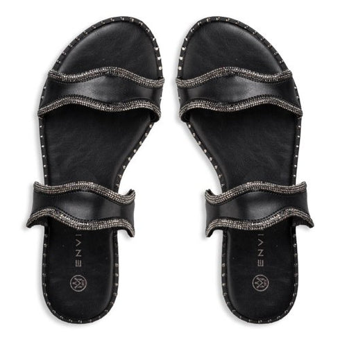 Envie Shoes Flat Σανδάλια με Δυο Φάσες Διακοσμημένες με Στρας Μαύρο