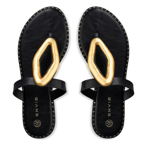 Envie Shoes Flat Σανδάλια με Δίχαλο και Διακοσμητική Χρυσή Αγκράφα Μαύρο