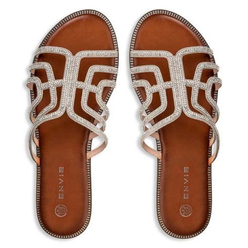 Envie Shoes Flat Σανδάλια με Γεωμετρικό Σχέδιο και Στρας Ασημί