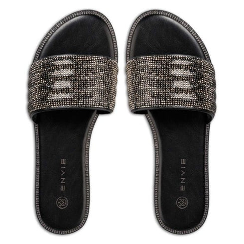 Envie Shoes Flat Σανδάλια με Μονή Φάσα και Στρας Μαύρο