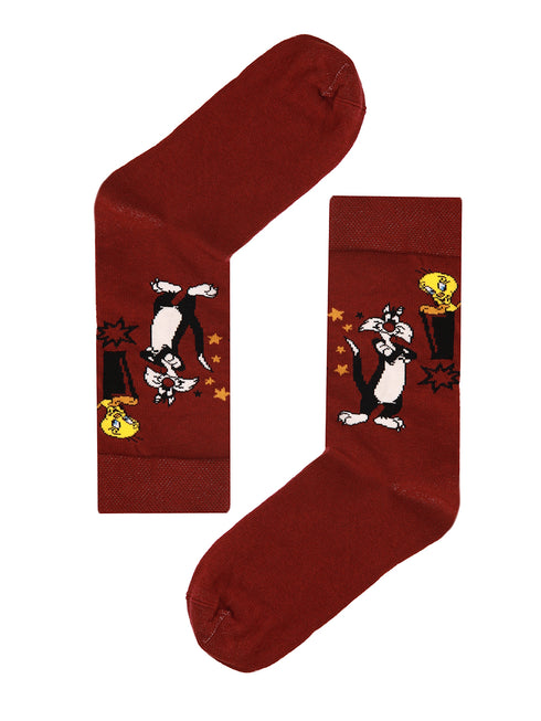 Κάλτσα Unisex με Σχέδιο "Cat and Bird" Μπορντώ