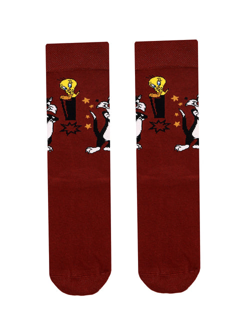 Κάλτσα Unisex με Σχέδιο "Cat and Bird" Μπορντώ
