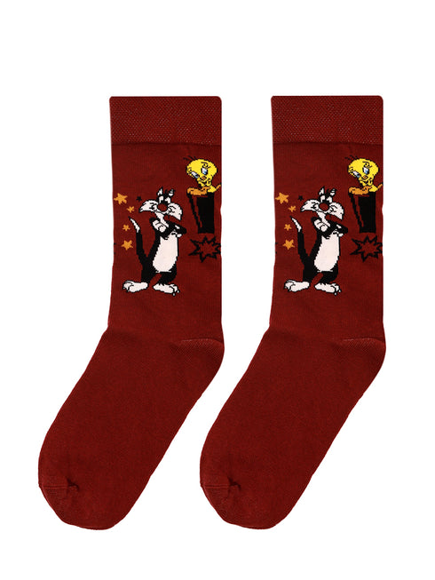 Κάλτσα Unisex με Σχέδιο "Cat and Bird" Μπορντώ