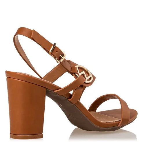 Miss NV Πέδιλα με Χοντρό Τακούνι και Χρυσή Διακοσμητική Αγκράφα Κάμελ