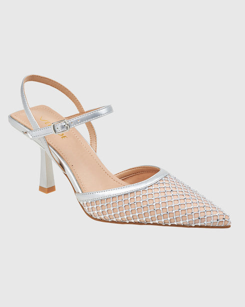 Verde Γυναικείες Slingback Γόβες με Μπαρέτα και Διακοσμητικό σχέδιο με Δίχτυ 28-4028 Ασημί