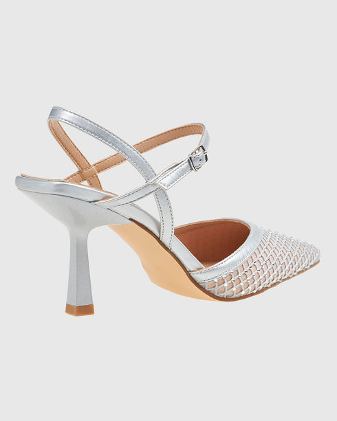 Verde Γυναικείες Slingback Γόβες με Μπαρέτα και Διακοσμητικό σχέδιο με Δίχτυ 28-4028 Ασημί