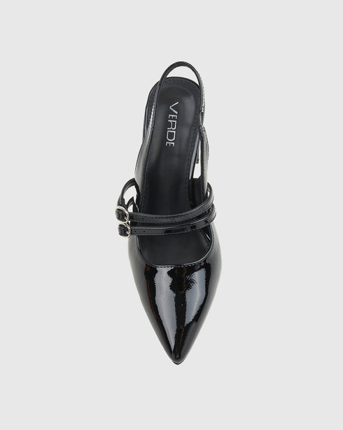 Verde Γυναικείες Slingback Λουστρίνι Γόβες με Χοντρό Τακούνι 28-4043 Μαύρο