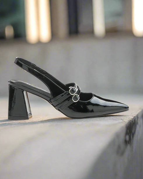 Verde Γυναικείες Slingback Λουστρίνι Γόβες με Χοντρό Τακούνι 28-4043 Μαύρο