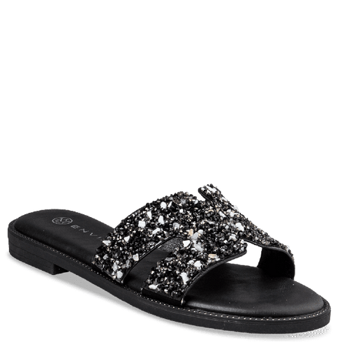 Envie Shoes Flat Σανδάλια με Διακοσμητικές Πέτρες Μαύρο