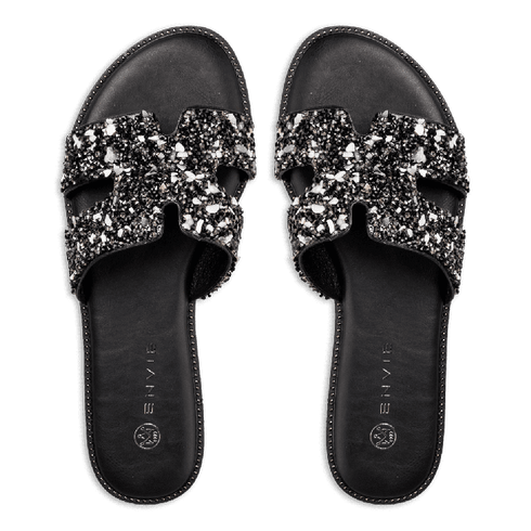 Envie Shoes Flat Σανδάλια με Διακοσμητικές Πέτρες Μαύρο