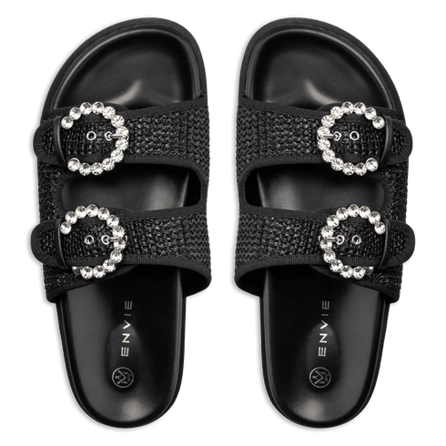 Envie Shoes Γυναικεία Ψάθινα Flatform Σανδάλια με Διακοσμητικές αγκράφες Μαύρο