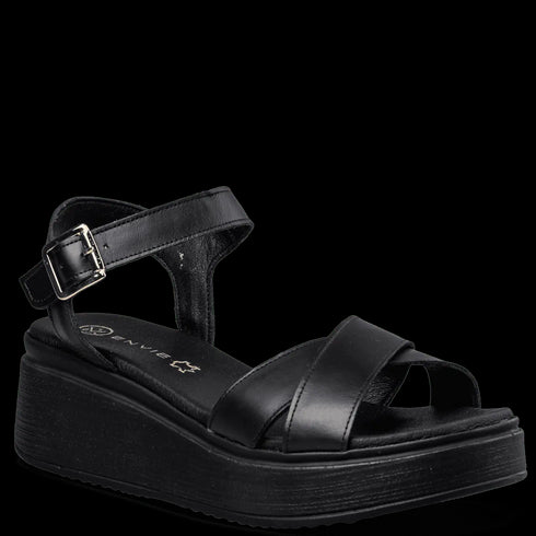 Envie Shoes Γυναικεία Δερμάτινα Platform Σανδάλια με Σταυρωτά Λουράκια Μαύρο