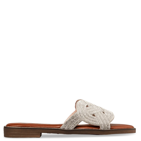 Envie Shoes Γυναικεία Flat Σανδάλια με Πλεκτή Διακοσμημένη με Στρας Φάσα Ασημί