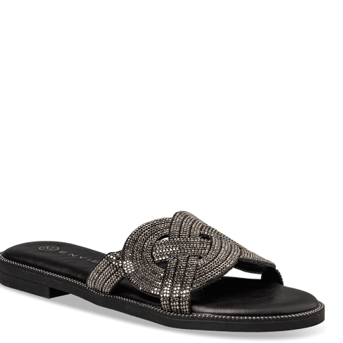 Envie Shoes Γυναικεία Flat Σανδάλια με Πλεκτή Διακοσμημένη με Στρας Φάσα Μαύρο