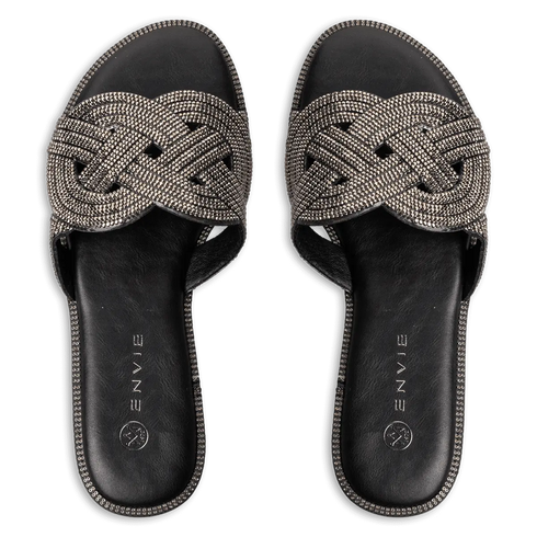 Envie Shoes Γυναικεία Flat Σανδάλια με Πλεκτή Διακοσμημένη με Στρας Φάσα Μαύρο
