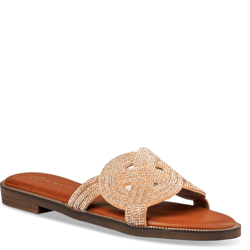 Envie Shoes Γυναικεία Flat Σανδάλια με Πλεκτή Διακοσμημένη με Στρας Φάσα Ροζ Χρυσό