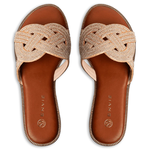 Envie Shoes Γυναικεία Flat Σανδάλια με Πλεκτή Διακοσμημένη με Στρας Φάσα Ροζ Χρυσό