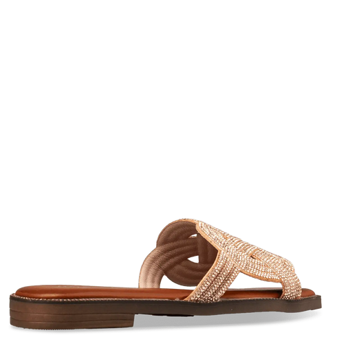 Envie Shoes Γυναικεία Flat Σανδάλια με Πλεκτή Διακοσμημένη με Στρας Φάσα Ροζ Χρυσό