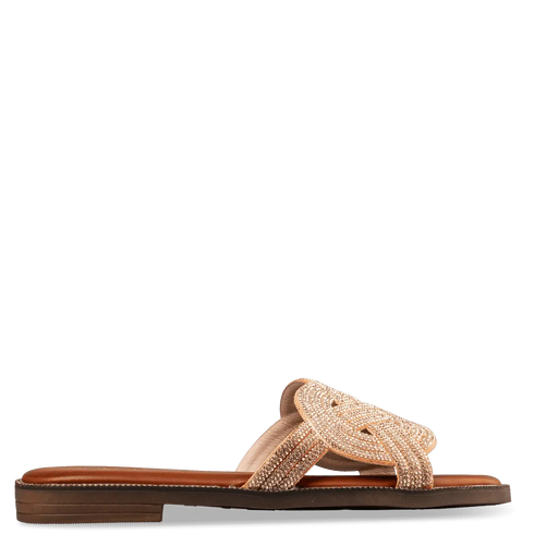 Envie Shoes Γυναικεία Flat Σανδάλια με Πλεκτή Διακοσμημένη με Στρας Φάσα Ροζ Χρυσό