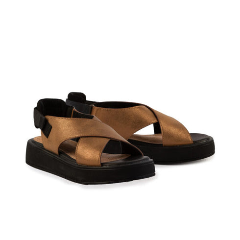 Joy's Γυναικεία Δερμάτινα Flatform Σανδάλια Καφέ