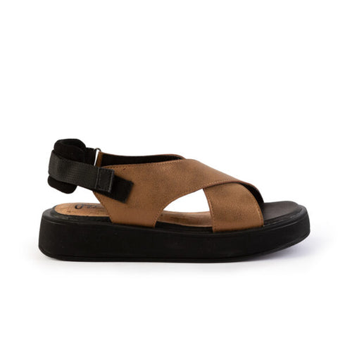 Joy's Γυναικεία Δερμάτινα Flatform Σανδάλια Καφέ