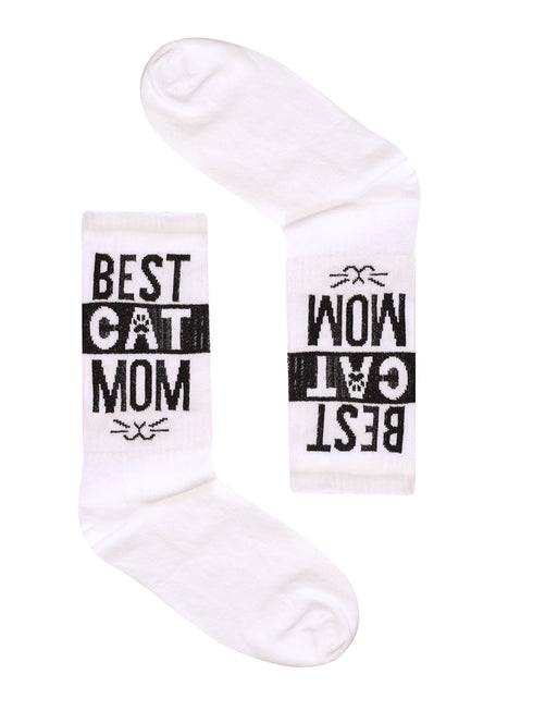 Κάλτσα Unisex με Σχέδιο "Cat Mom" Λευκό