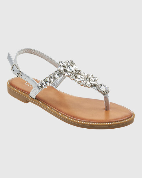 Verde Flat Σανδάλια με Δίχαλο και Διακοσμητικά Κρυσταλλάκια 28-4010 Ασημί