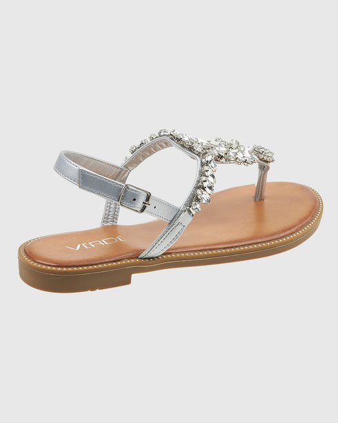 Verde Flat Σανδάλια με Δίχαλο και Διακοσμητικά Κρυσταλλάκια 28-4010 Ασημί