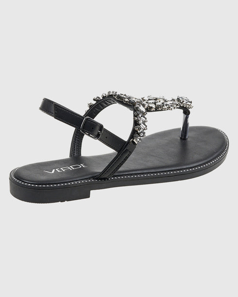 Verde Flat Σανδάλια με Δίχαλο και Διακοσμητικά Κρυσταλλάκια 28-4010 Μαύρο