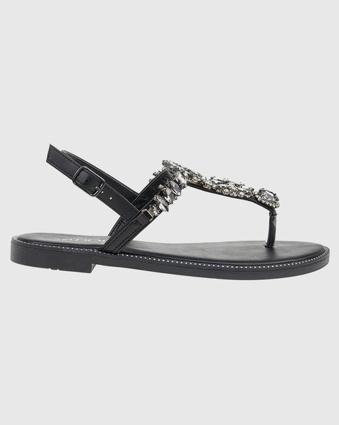 Verde Flat Σανδάλια με Δίχαλο και Διακοσμητικά Κρυσταλλάκια 28-4010 Μαύρο