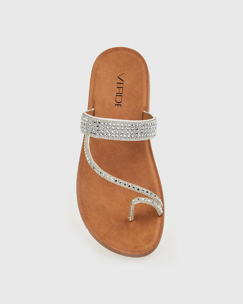 Verde Γυναικεία Flat Πέδιλα με Διακοσμητικά Στρας 28-4068 Λευκό