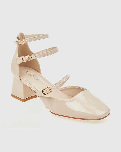 Verde Γυναικεία Κλειστά Λουστρίνι Πέδιλα με Χοντρό Τακούνι 28-4037 Εκρού