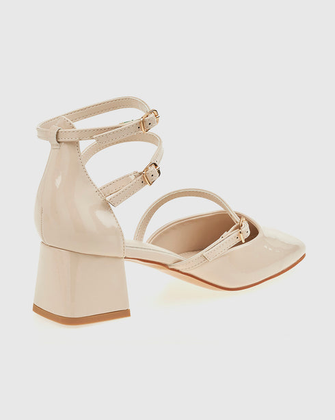 Verde Γυναικεία Κλειστά Λουστρίνι Πέδιλα με Χοντρό Τακούνι 28-4037 Εκρού