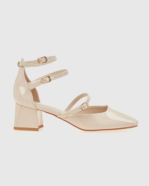 Verde Γυναικεία Κλειστά Λουστρίνι Πέδιλα με Χοντρό Τακούνι 28-4037 Εκρού