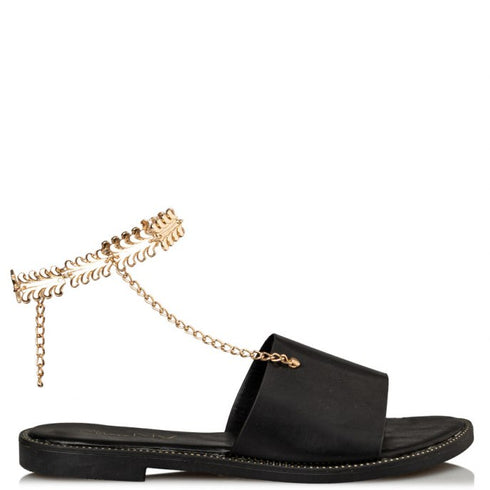 Miss NV Flat Σανδάλια με Διακοσμητική Αλυσίδα στον Αστράγαλο Μαύρο