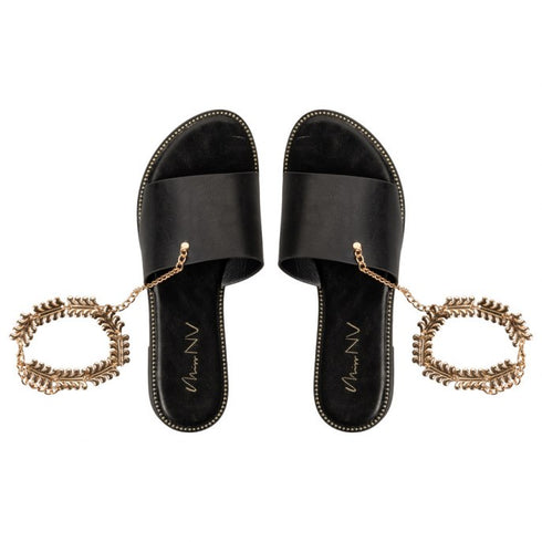 Miss NV Flat Σανδάλια με Διακοσμητική Αλυσίδα στον Αστράγαλο Μαύρο