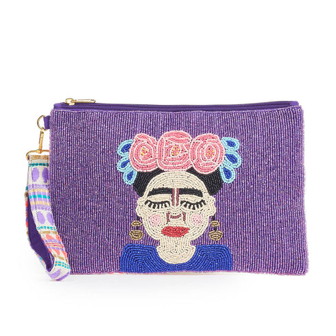 Verde Γυναικείο Τσαντάκι Χειρός 01-1597 Υφασμάτινο με Κέντημα Frida Kahlo Μώβ